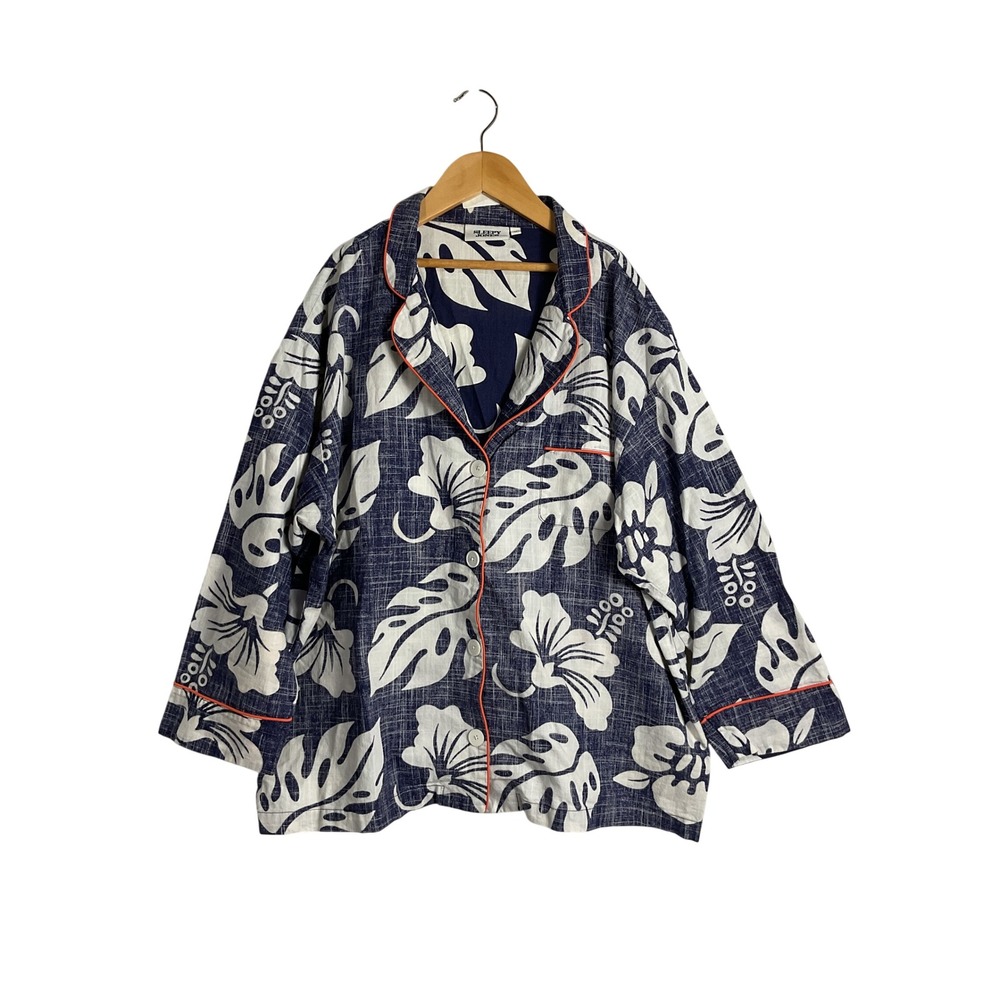Sleepy Jones Marina Pajama Shirt Navy White Tropical Monstera Cotton Medium